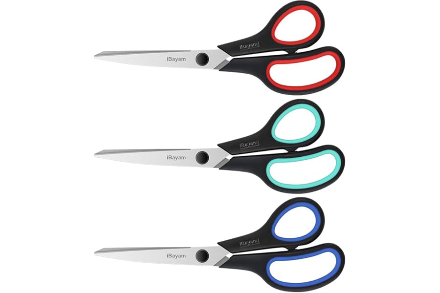 iBayam 3-Pack 8" Heavy Duty Scissors with Ultra Sharp Blades and Comfort Grip Handles - For Office, Home, School, Sewing, and Crafts