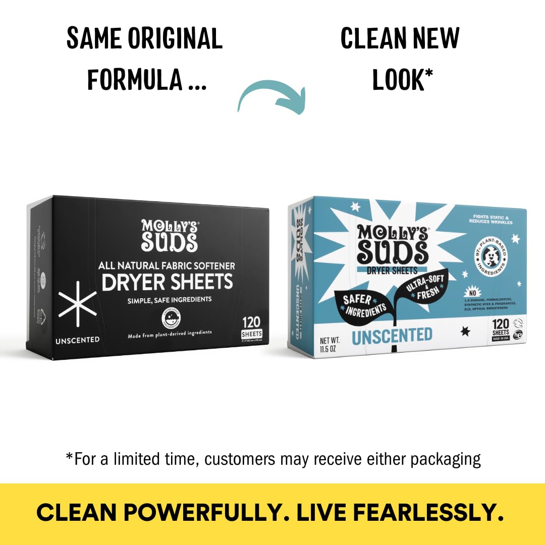 Molly's Suds Fabric Softener Dryer Sheets for Sensitive Skin | Plant-Based Static Reducer, Plastic-Free Packaging | Unscented (120 Sheets)