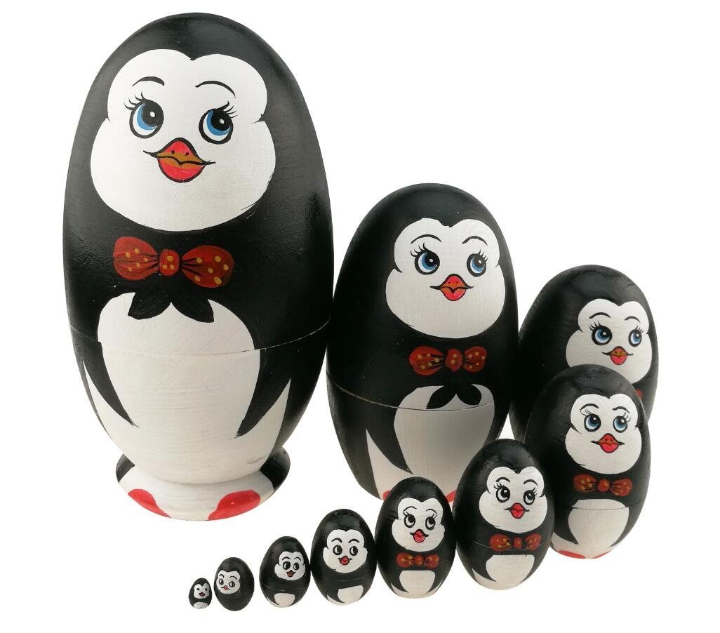 Winterworm Set 10 Pcs Cute Animal Theme Penguin Egg Shape Wooden Handmade Nesting Dolls Matryoshka Dolls for Kids Toy Penguin Gift