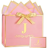 Initial Birthday Gift Bag with Card and Tissue Paper for Women/ Her, 13" Large Pink Gold Personalized Alphabet Bow Bag, Birthday Decorations for Women, Bridal Party Paper Bags for Gifts Wrapping