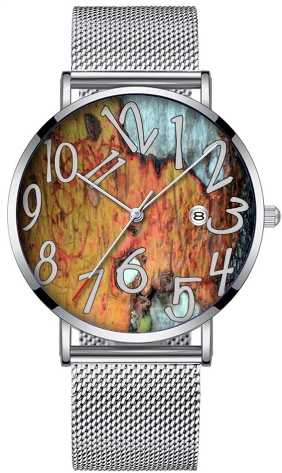 Minimalist Fashion Quartz Wrist Watch Elite Ultra Thin Waterproof Sports Watch with Date with Mesh Band 478.Wood, Peeled, Orange, Blue Bark Texture