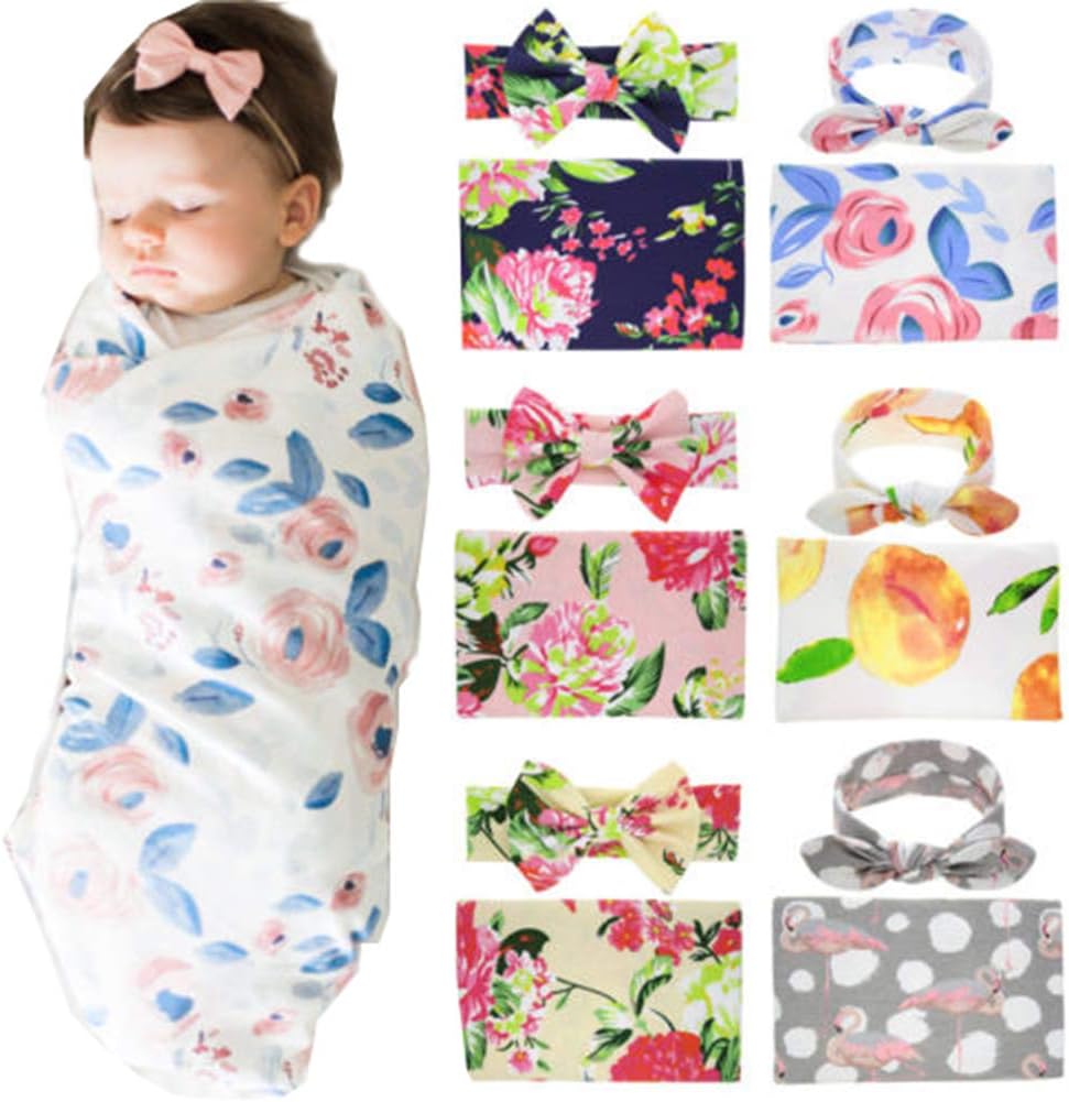 vpuquuz Newborn Baby Swaddle Blanket Sleeping Bags, 0-3 Months Baby Girl Boy Wrap with Headband Floral Clothes Set (Blue, One Size)