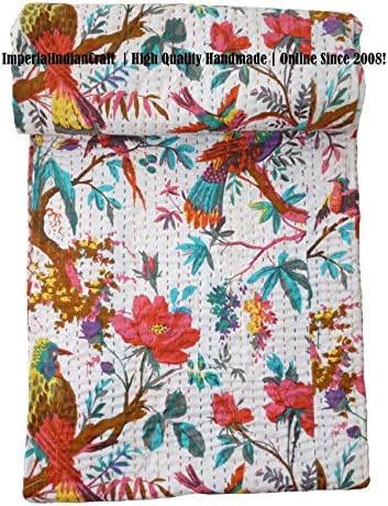 ImperialIndianCraft 100% Handmade Indian Kantha Quilt Blanket Comforter - Nature Shade Flower Bird Of Paradise Quilt, Ethnic Bohemian, Mediterranean Bedding | PREMIUM QUALITY | TWIN SIZE