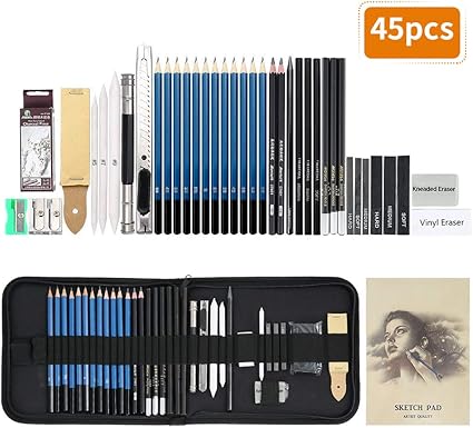 Topersun Crayons Dessin Professionnels Kit De Croquis 45pcs Avec Sac Inclus Gomme Crayon De Charbon Graphite Couteau Extenseur Carnet A5 Pour