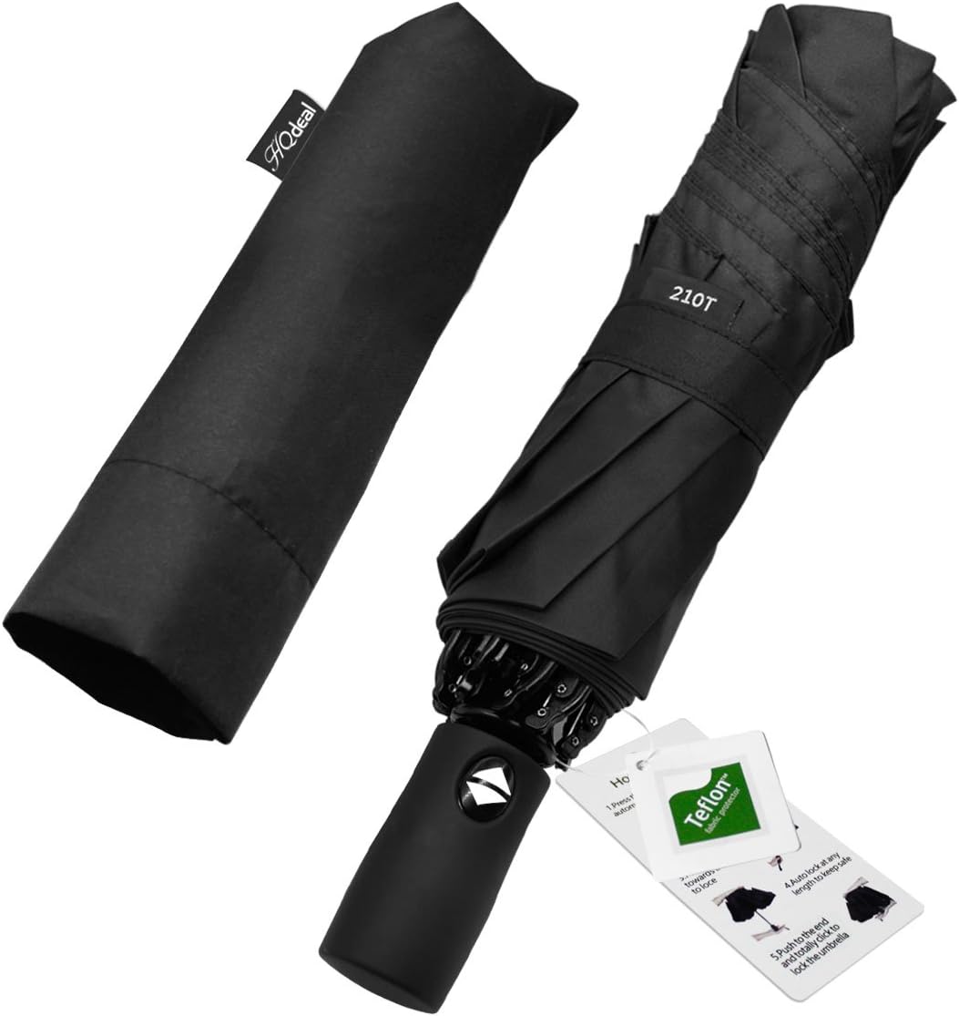 HQdeal Automatic Compact Travel Umbrella with Reverse and Safe Lock Design, Teflon 210T Auto Open Close Folding Strong Windproof Umbrella Patent Application No. 15/794,314