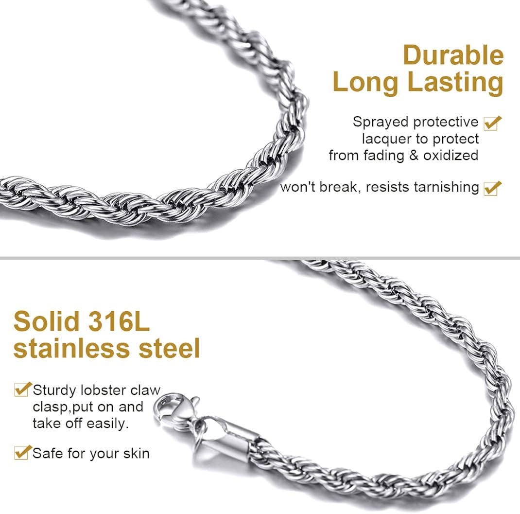 GOLDCHIC JEWELRY 3mm Rope Chain Bracelet, 316L Stainless Steel Boy Chain Link, 21CM, Silver, Gold, 21 cm - Image 4