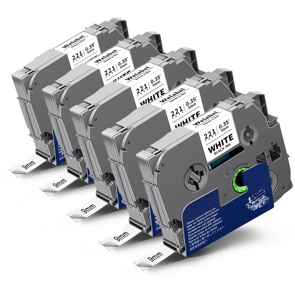 Welabel 5X Compatible for TZe 9mm Label Tape for Brother TZe-221 TZ-221 Tze221 0.35 Laminated Tape for P-Touch PT-H101C PT-H105 PT-P750W PT-H100R PT-D200 PT-E100 PT-H110 PT-H107B PT-P300BT PT-E110