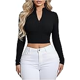 winkbay Women's Long Sleeve Crop Tops Fall Half Zip Mock Neck Ribbed Knit Dressy Casual T Shirts