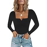 Chunpin Women's Long Sleeve Bodysuit Square Neck Notch V Neck Body Suits Double Lined Going Out Outfits Thong Bodysuits