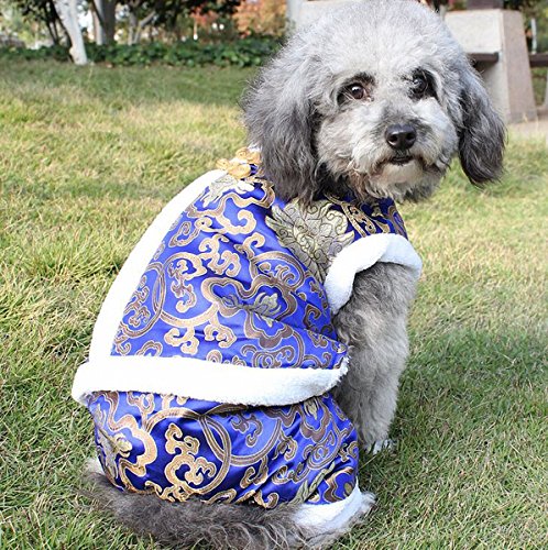 Pet Dog Peony Tang Style Costume Pet Dog Clothes Winter New Year Joyous Clothing Teddy Four Legs Satin Chinese Style Coat (L, Blue)