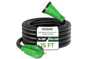 RVGUARD 50 Amp 15 Foot RV Power Cord with Reverse Polarity Indicator, 14-50P to SS2-50R Generator Extension Cord, Heavy Duty STW Cord with LED Power Indicator and Cord Organizer, Green, ETL Listed