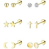 MJust 6 Pairs G23 Titanium Earrings for Women & Men, Hypoallergenic Flat Back Stud Earrings with Moon Star CZ Designs, Titanium Screw Back Cartilage Earrings Set for Sensitive Ears