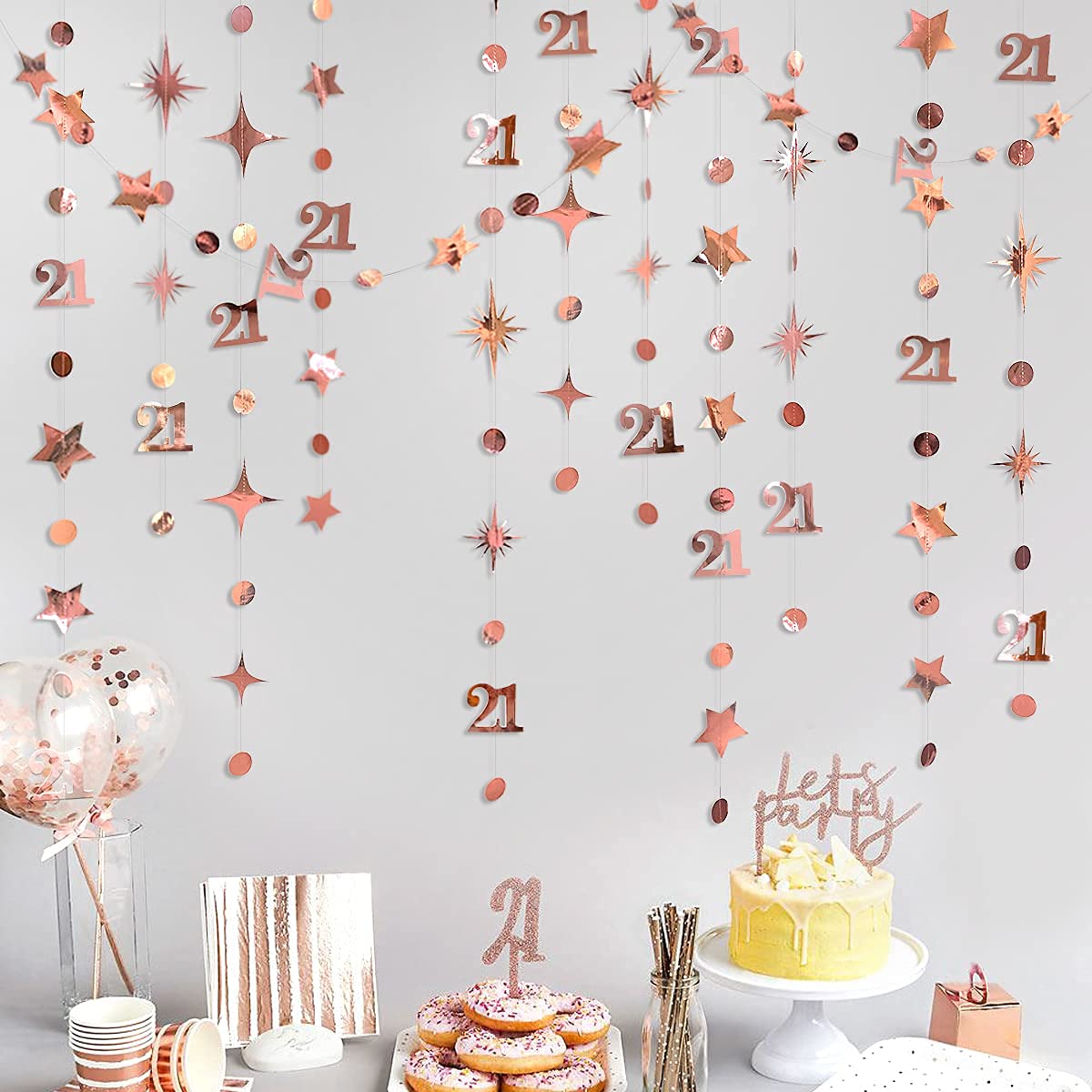 Rose Gold Number 21 Circle Dot Twinkle Star Garland Kit Metallic Hanging Streamer Bunting Banner Backdrop Decoration for Girls Women 21st Birthday Finally Legal 21 Anniversary Wedding Party Supplies