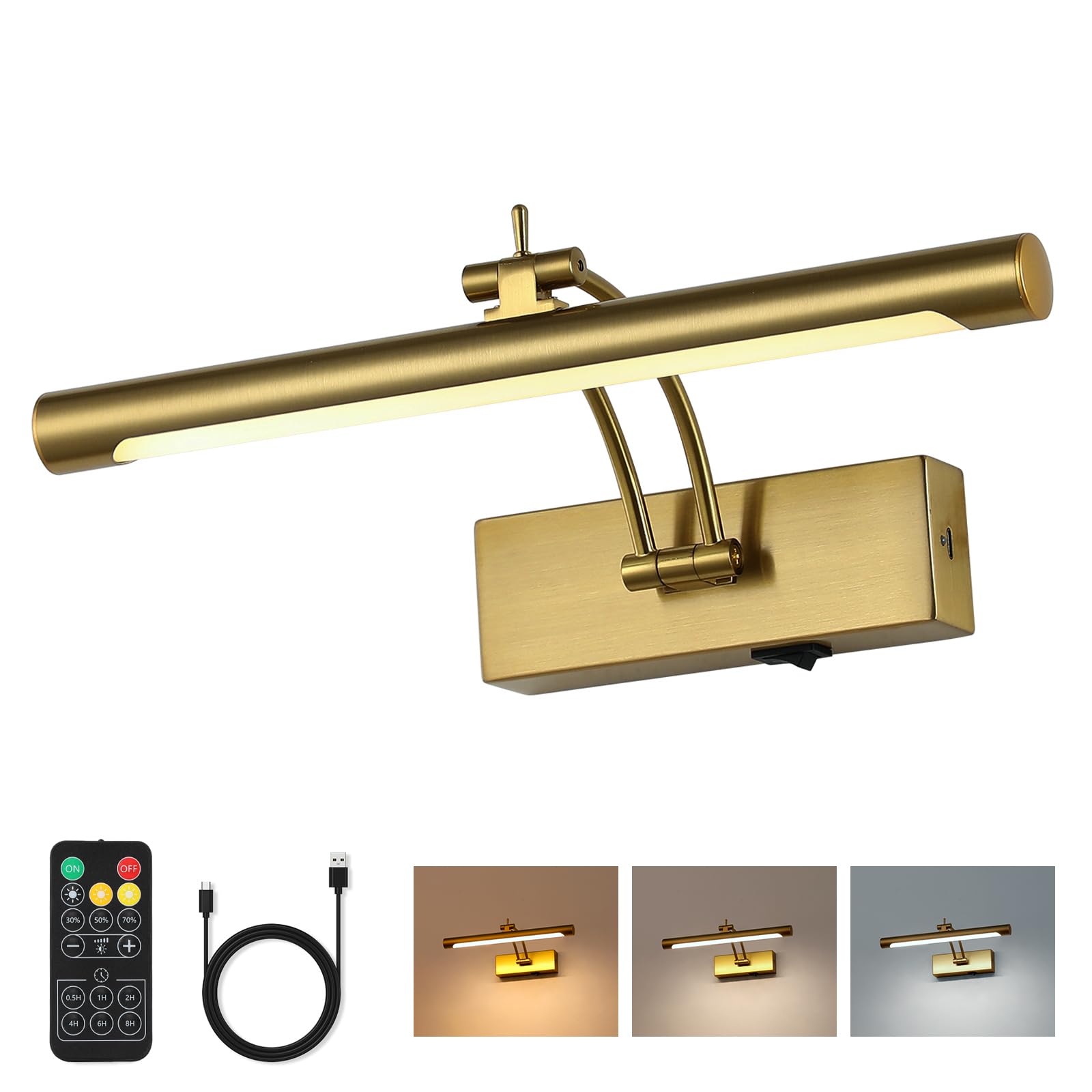 Photo 1 of 7Degobii Battery Operated Picture Light with Remote,Wireless Gallery Lights Brass 12in Rechargeable Display Light with Flexible Swing Arm,Dimmable Wall Sconce for Artwork on Wall