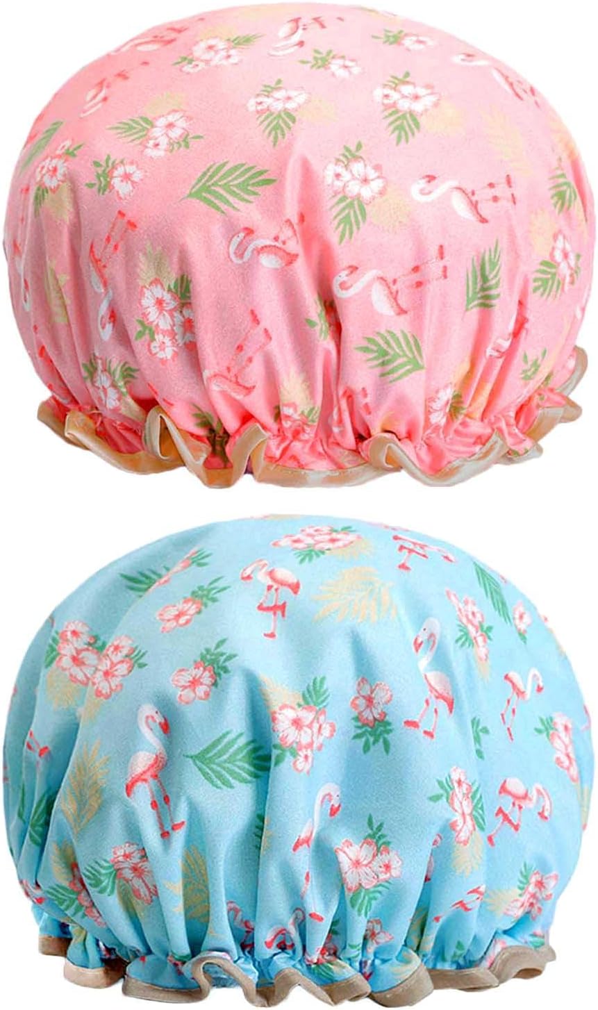 Yiapinn 2 Pcs Bath Caps Elastic Band Double Layers Flamingo Print
