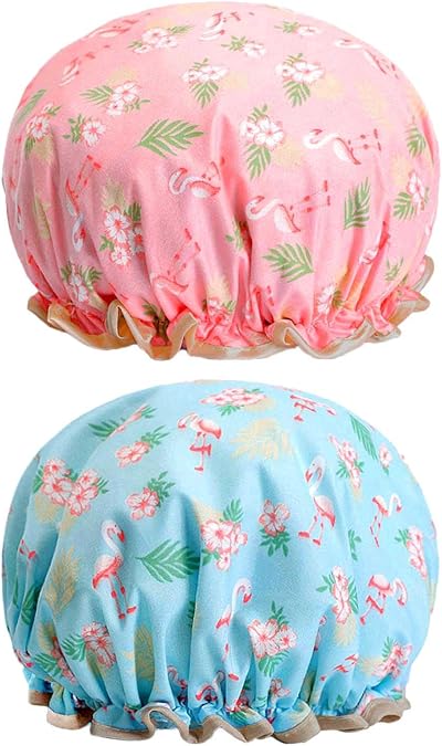Yiapinn 2 Pcs Bath Caps Elastic Band Double Layers Flamingo Print