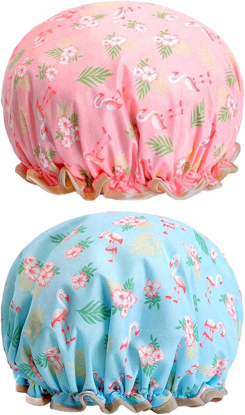 Yiapinn 2 Pcs Bath Caps Elastic Band Double Layers Flamingo Print