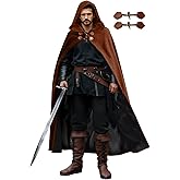 Pikpops Velvet Renaissance Hooded Cloak with Lining & Horn Button, Medieval Viking Cape Robe for Men Women Halloween Costume