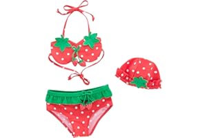 Toddler Baby Girls Swimsuit Cute Strawberry Bikini Sets Strap Swimwear Bathing Suit with Sun Hat 3PCS Beachwear Sets