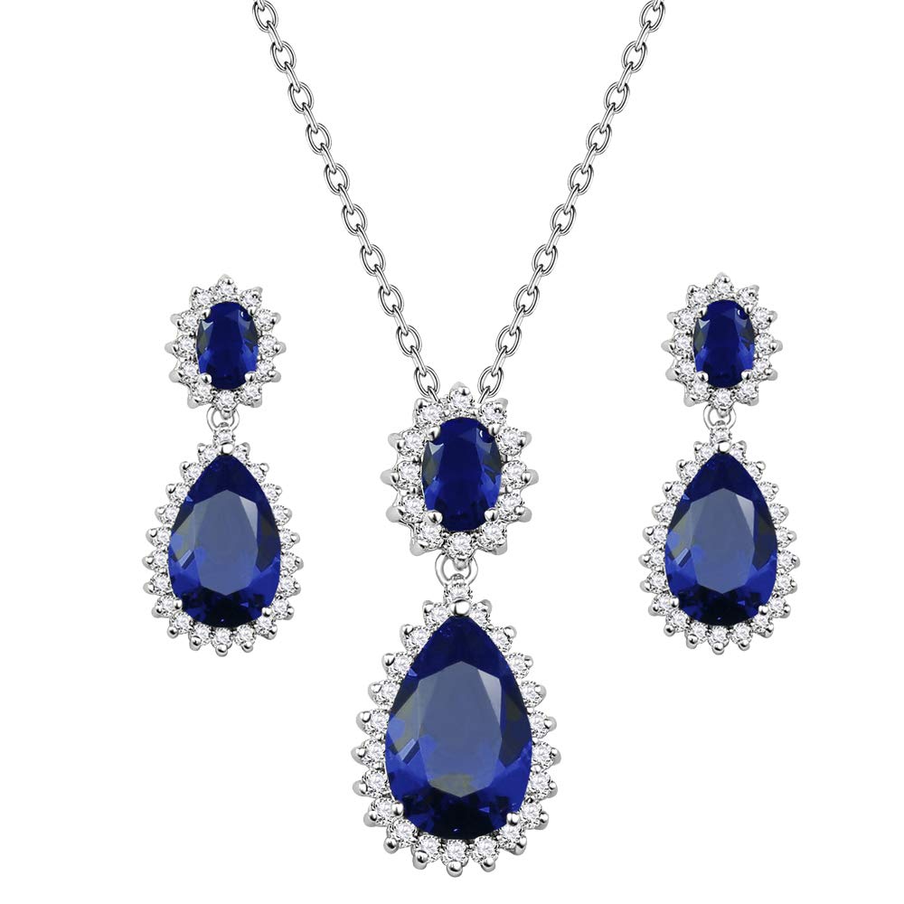 Lavencious Teardrop Dangle Jewelry Set Necklace & Earrings Trendy AAA Cubic Zirconia for Women (Blue)