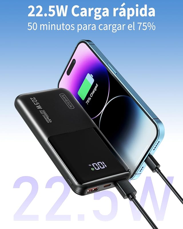 Batería Externa de 22,5 W, 20000 mAh, Carga rápida, batería portátil USB C de Entrada y Salida PD3.0 QC4.0 Power Bank Compatible con iPhone 17 16 15 14 13 Pro MAX Mini Plus Smartphones (Black) — foto 2 de 6