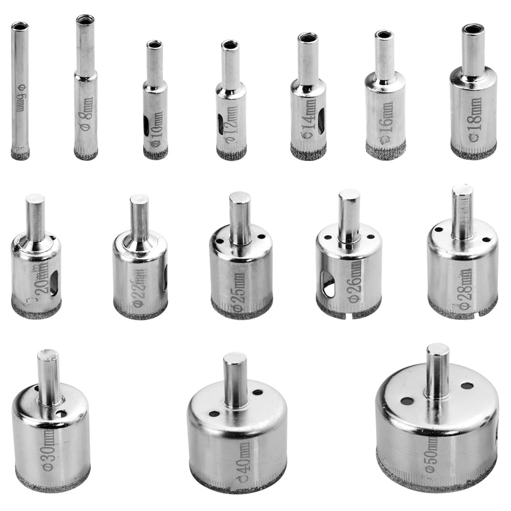 TOVOT 15 Sizes Hole-Saw Drill Bits Assortment Set Diamond Drill Bits Kit Glass Drill Bits Drill Tools for Ceramic Glass Marble (6-50MM)