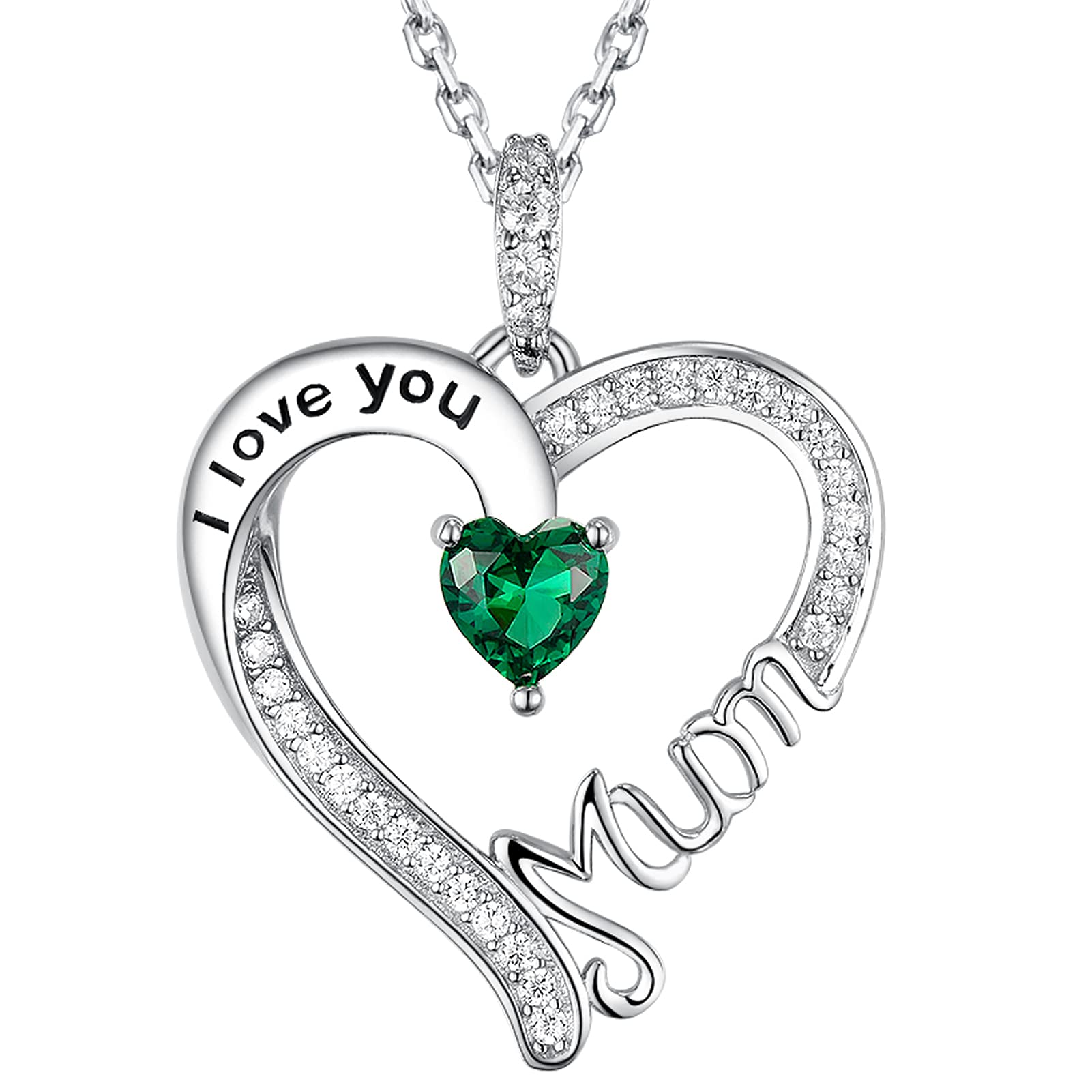 GinoMay Mothers Day Necklace Gifts for Mum May Birthstone Jewellery Emerald Mum I Love You Mum Necklace Love Heart Pendant Jewellery Sterling Silver
