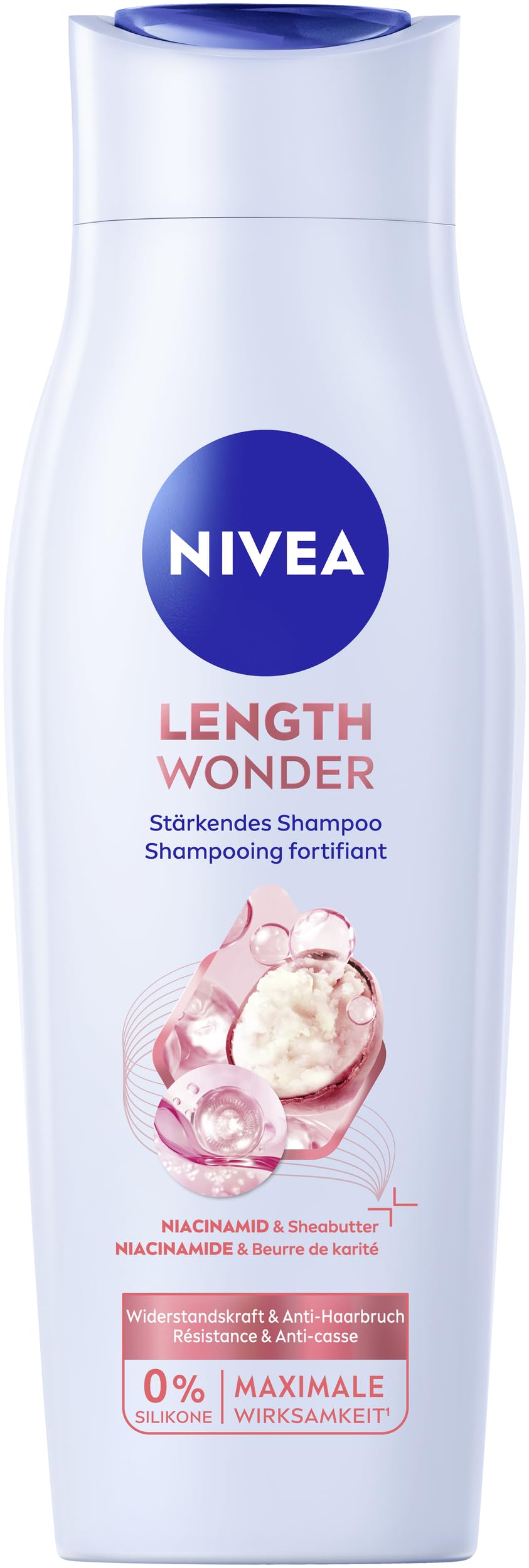 NIVEA Length Wonder stärkendes Shampoo, stärkendes Shampoo mit Niacinamid und Sheabutter, Pflegeshampoo für langes Haar ohne Spliss (250 ml)
