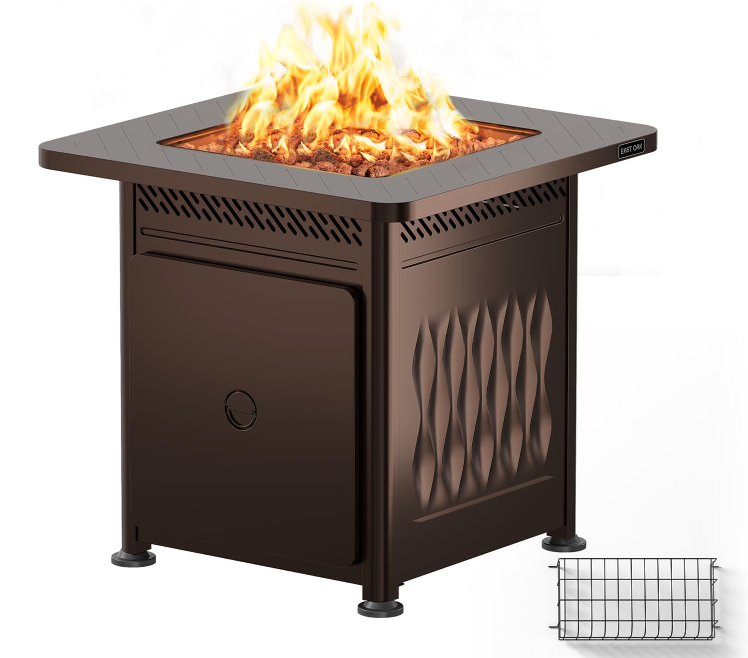 East Oak 28" Upgraded Outdoor Propane Fire Pit Table | 52,000 BTU Gas Fire Pit Table for Outside with Magnetic Lid | Storage Basket & Lava Rocks | CSA Certified for Patio, Garden & Backyard | Brown Image