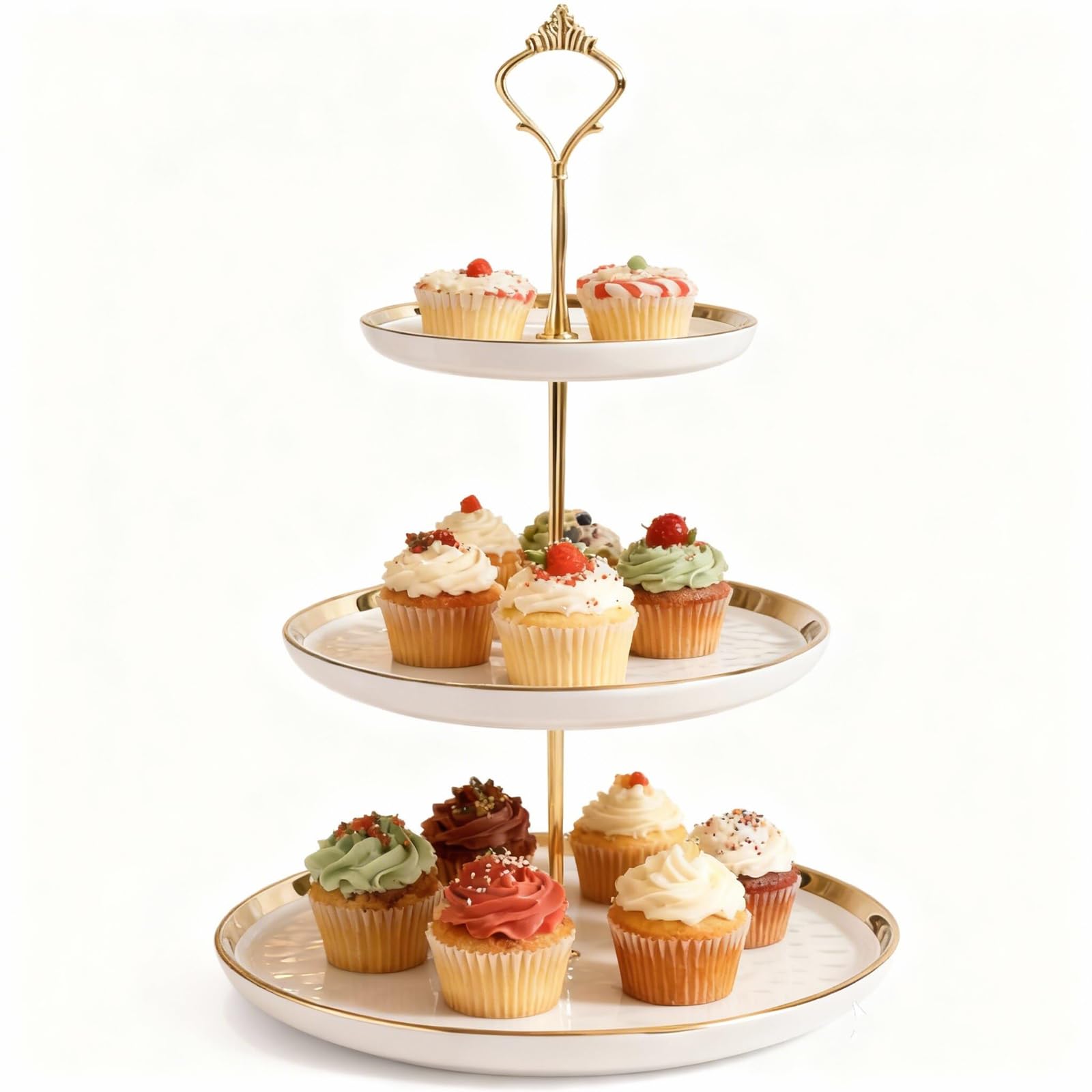 Cupcake Stand Ceramics Cake Stand with 3 Layers Inlaid Gold Tiered Trays Fruit Plate for Coffee Table Decoration, Cupcake and Plate Dessert Stand