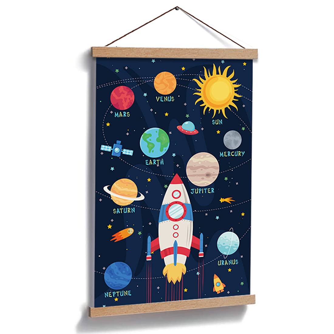 CHDITB Outer Space Art Print, Cartoon Planet Magnetic Natural Wood Hanger Frame Poster, Canvas Colorful Painting 28X45cm Wall Hanging for Kids Room Decor Space Bedroom Accessories