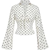 MakeMeChic Women's Business Polka Dots V Neck Blouse Tie Front Bell Sleeve Fitted Tops