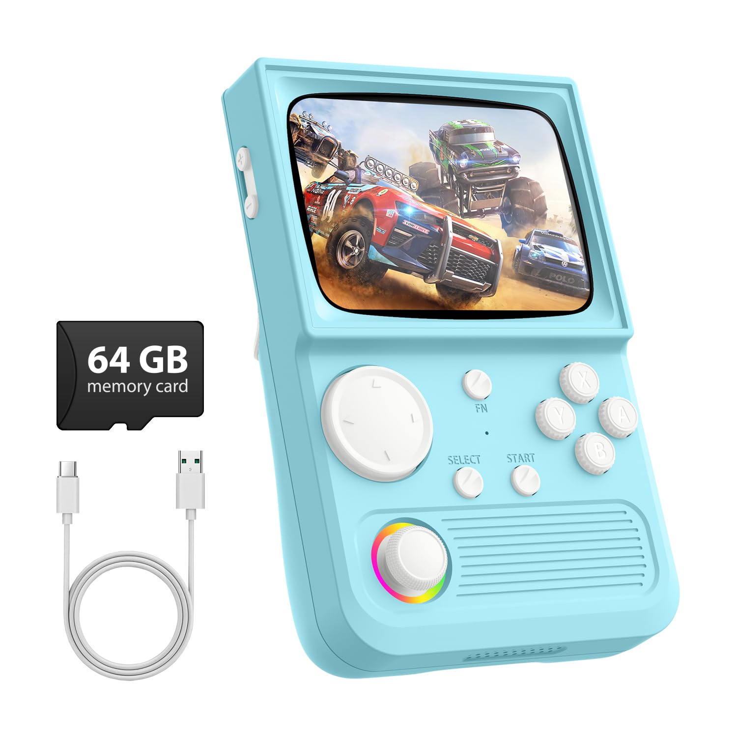 R36T Retro Gaming Console, 3.5'' IPS Screen CRT-Inspired, Handheld Game Console with 18000+ Classic Games, 3500mAh Battery, Supports Multiple Mainstream Emulators, WiFi Network Battling, 64GB (Blue)