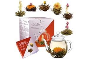 Creano Blooming Tea Mix - Gift Set Flowering Tea with Glass Pot 17oz/500ml White Tea & Black Tea with 6 Tea Balls each 3pcs White & Black Tea