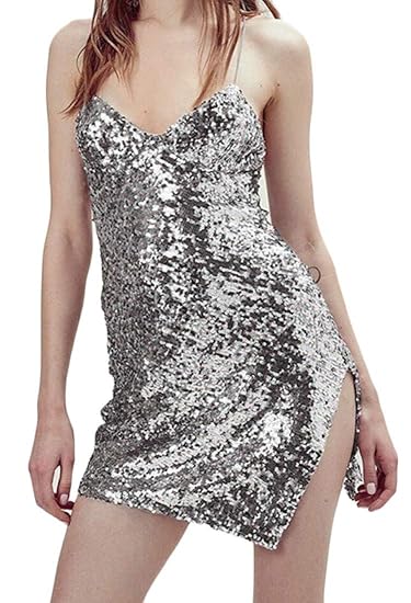 spaghetti strap sequin slit bodycon dress