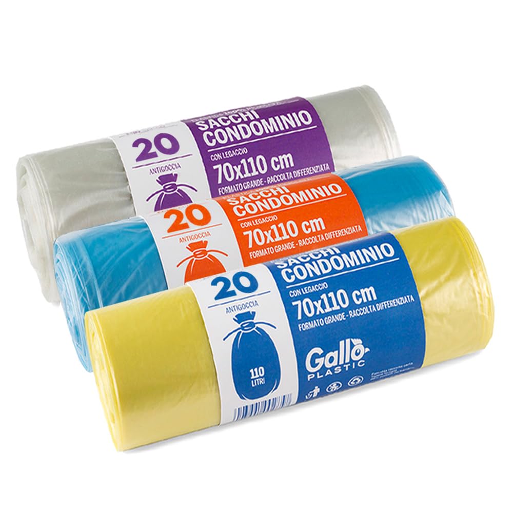 Gallo , 60 Separate Collection Bags, High Strength, 70x110cm, 110 Liters, Blue, Transparent, Yellow