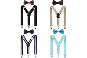 kilofly 4 Sets Boys Pre-tied Adjustable Neck Bow Ties + Elastic Suspenders Pack