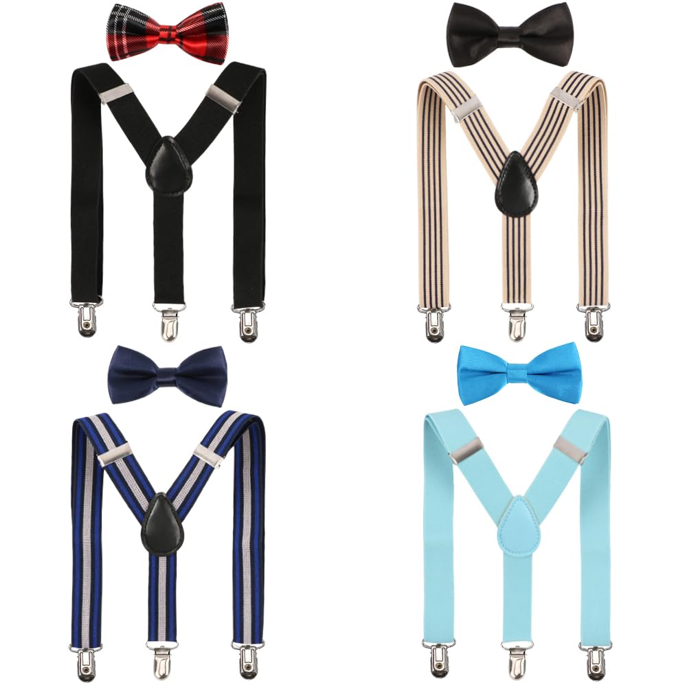 kilofly 4 Sets Boys Pre-tied Adjustable Neck Bow Ties + Braces Elastic Suspenders