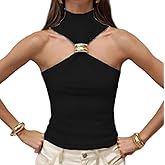 Women Halter Top Twist Front Sexy Ring Pleated Tank Top Turtleneck Dressy Sleeveless Summer Vest Streetwear