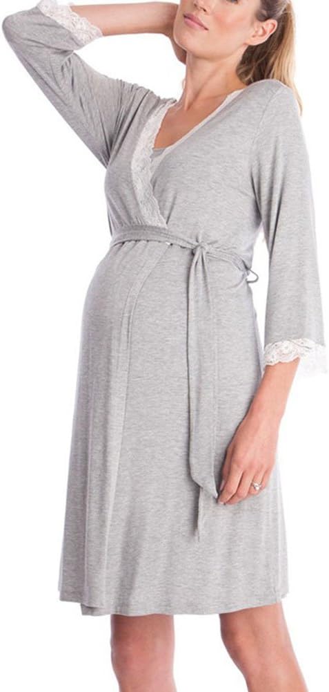 DY coperate Women Maternity Sleepwear Robe Soft V-Neck Lace Nursing Pregnant Breastfeeding Nightwear