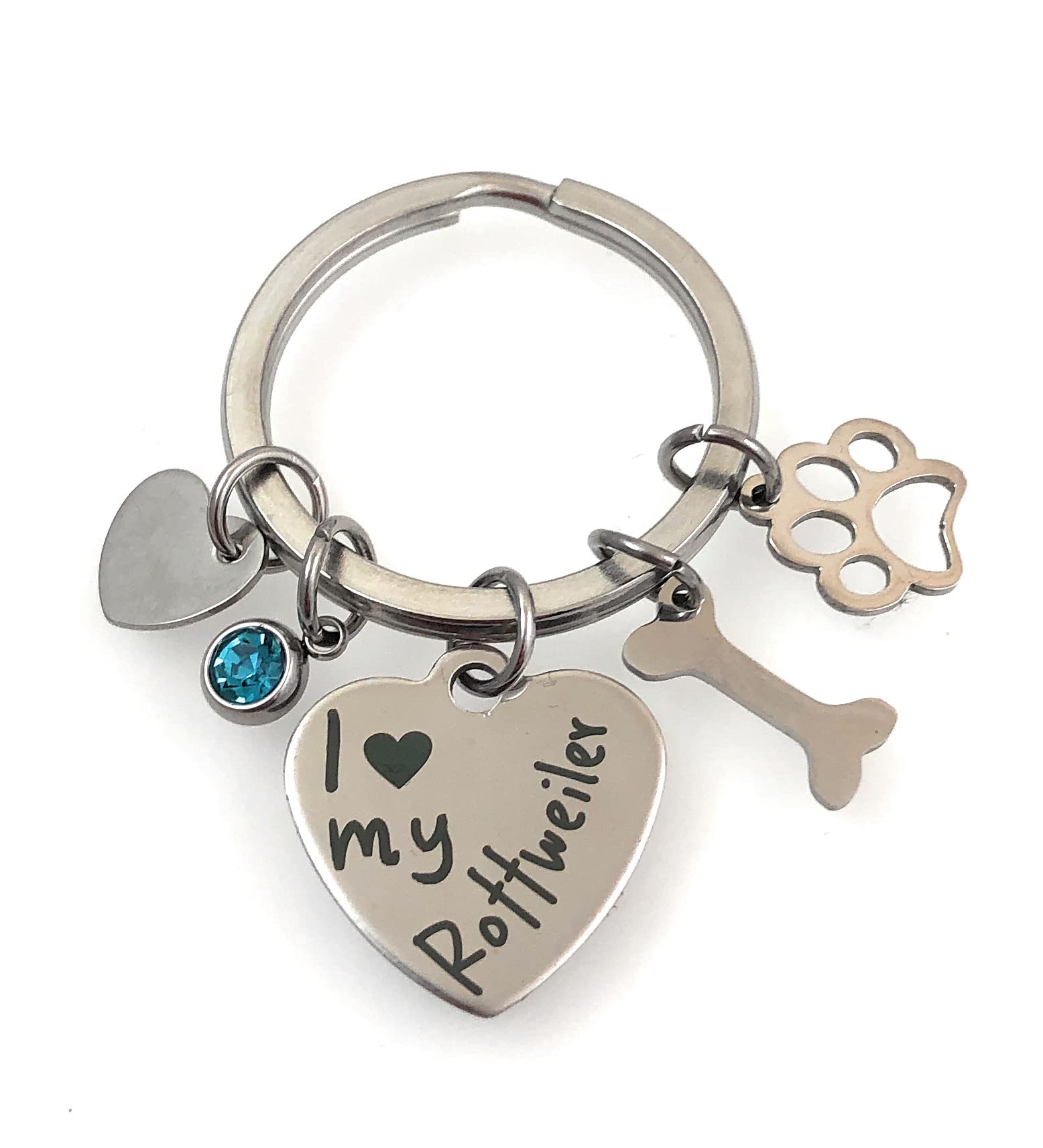 FizzyButton Gifts I Love My Rottweiler Puppy Dog Keyring Key Ring with Turquoise Rhinestone and Stainless Steel Bone, Paw and Heart Charms