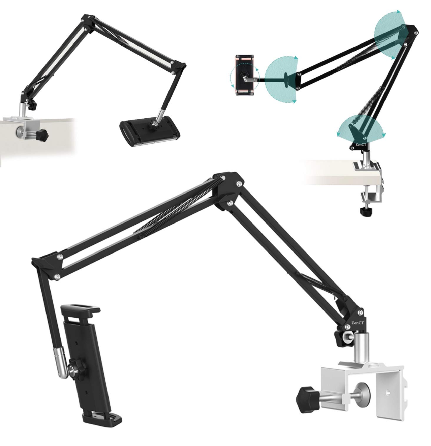 ZenCT Long Swing Arm Tablet Holder, 3-Stage Adjustable Aluminium Locking Arm Tablet Stand for 4.5-13.5 inch iPad and Smartphones (Black)