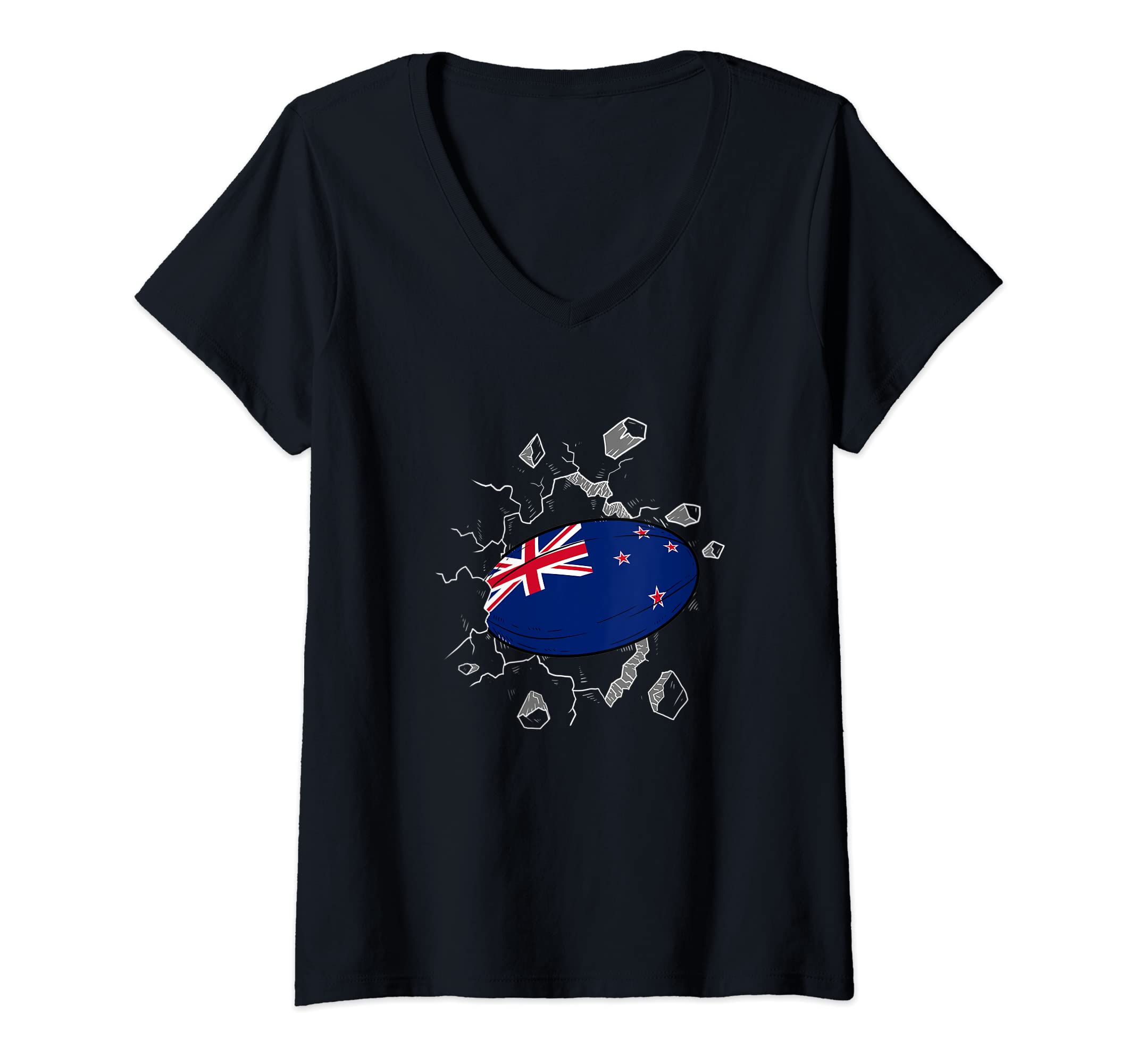 Womens New Zealand Rugby Gear New Zealand Flag Rugby Ball Sports V-Neck T-Shirt