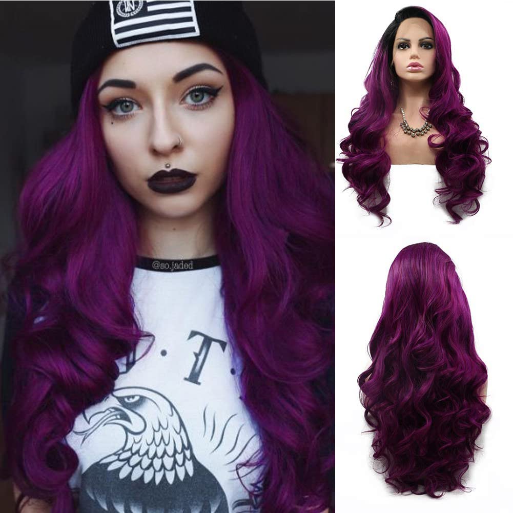 AFBeauty Purple Lace Front Wig Long Wavy Ombre Purple with Black Root Side Part Wigs Synthetic Natural Hairline Heat Resistant Fiber Daily Makeup Wig for Women 24 Inches