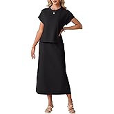 GRECERELLE Women Summer Casual Wrinkle-Free 2 Piece Sets Round Neck Top & Elastic Waist Maxi Side Slit Skirt with Pockets