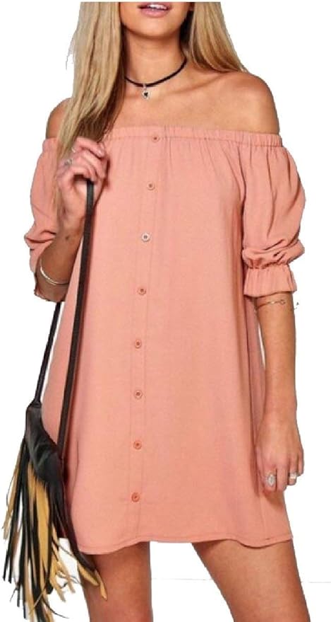 Vgvgh Women's Off Shoulder Elastic Long Sleeve Button Swing Dresses at Amazon Womenâs Clothing store