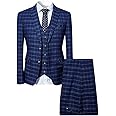 Cloudstyle Mens 3 Piece Slim fit Checked Suit Blue/Black Single Breasted Vintage Suits