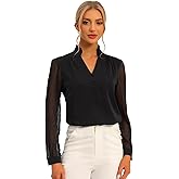 Allegra K Women's Business Office Blouse Top Ruffle V Neck Button Decor Sheer Long Sleeve Work Shirt