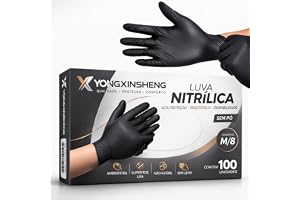 Luva Nitrilica Preta Premium | Sem Pó Antiderrapante | 100 Unidades Descartável | P, M e G