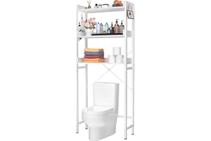 Ecoprsio Over-The-Toilet Storage Rack, 3-Tier Bathroom Organizer Shelf Over Toilet, Freestanding Space Saver Toilet Stands with 4 Hooks, White